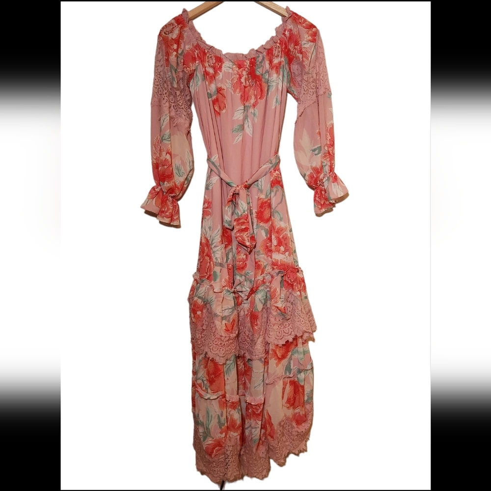 Flying Tomato Champagne & Strawberry floral off-the-shoulder tiered maxi dress